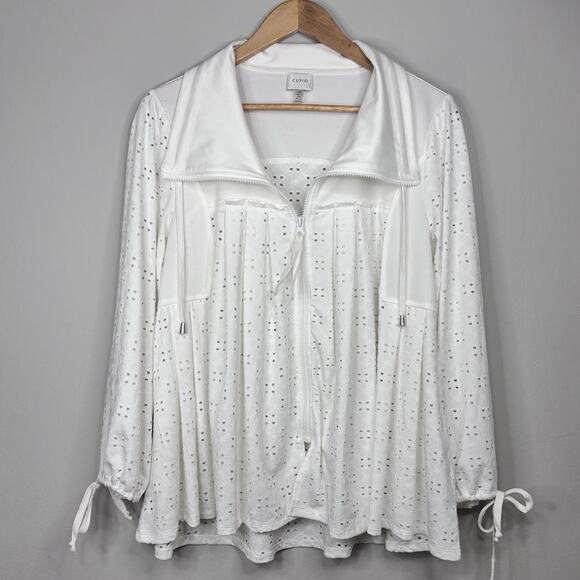Cupio Full Zip Sweater Lrg White Eyelet Cowl Neck Drawstring Swing Shape Tunic - Picture 3 of 12